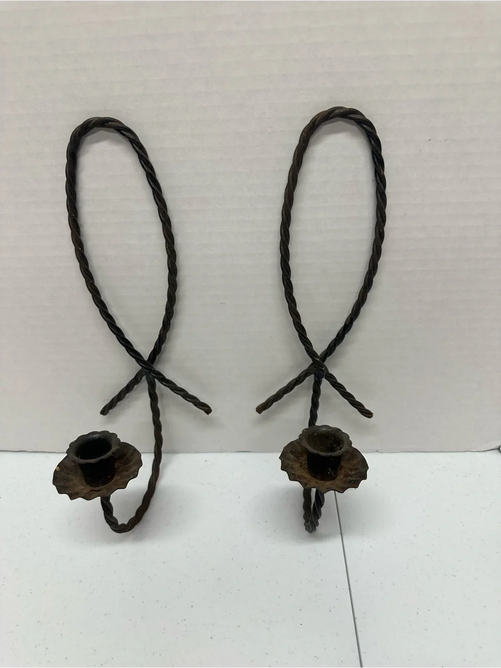 Vintage Wrought Iron Wall Candle Sconces Pair Twisted Metal Rustic Gothic 12”
